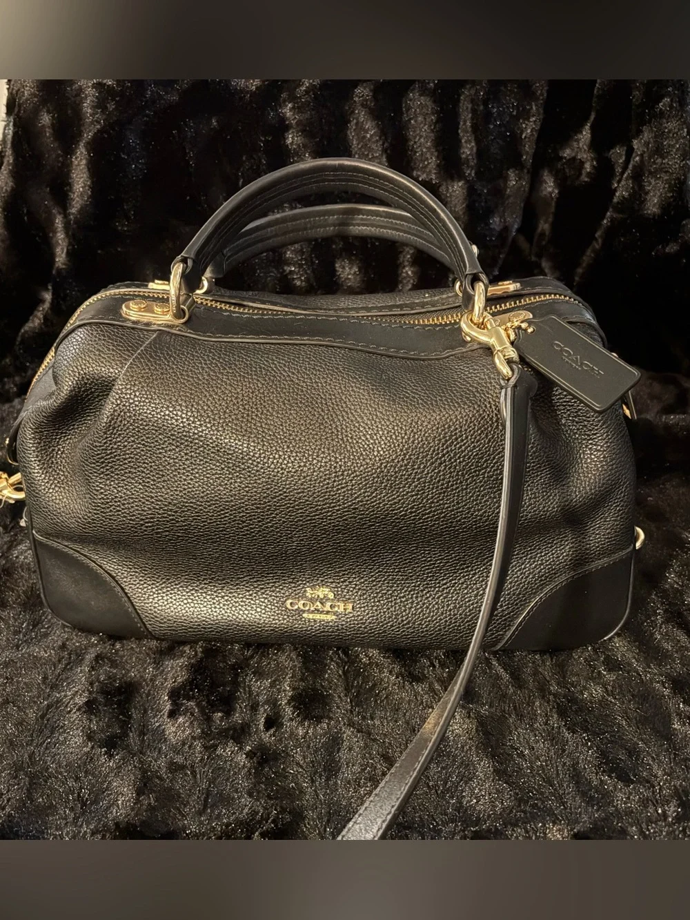 Black Coach Pebbled Leather Satchel with Gold-Tone Hardware